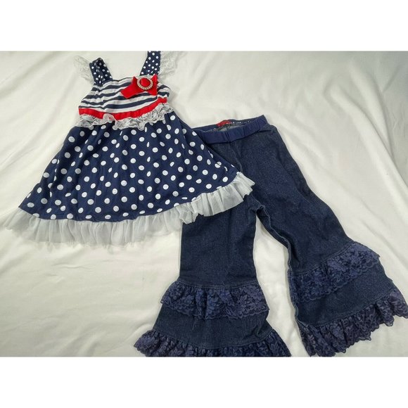 Girls outfit Red white blue sleeveless 2T top ruffles polka dot blue pants EUC